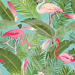 Tropical Seamless Flamingo and Floral Summer Pattern. For Wallpapers, Backgrounds, Textures, Textile, Cards.