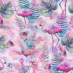 Tropical seamless floral pattern with watercolor palm leaves, flowers and pink flamingo. Purple, pink and green texture