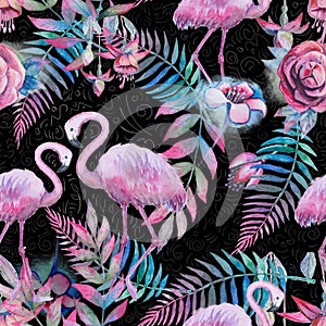 Tropical seamless floral pattern with watercolor palm leaves and pink flamingo on black background. Purple, pink and