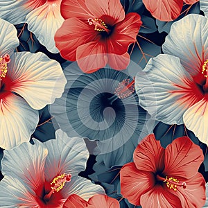 Tropical Seamless Hibiscus Flower Pattern with Contrasting Cool and Warm Tones for Exotic Designs and Apparel