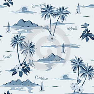 Tropical seamless island pattern monotone in blue background.