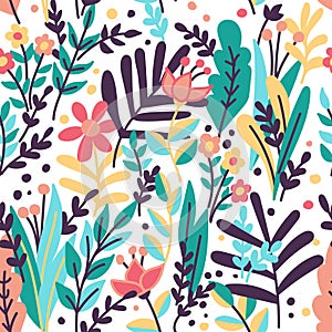 tropical seamless leaves and flowers pattern vector illustration. Seamless motif for wrapping, wallpaper, fabric