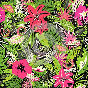 Tropical seamless neon wallpaper with exotic flowers and leaves and pink flamingo for fabric, textile, wrapping paper, greeting ca