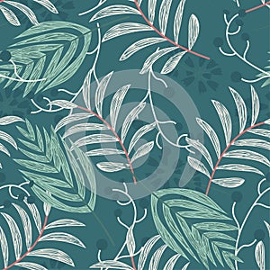 Tropical seamless pattern with bright leaves on green background. Vector design. Jungle print. Printing and textiles.