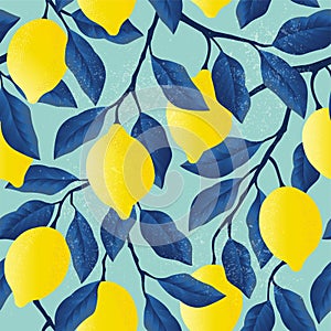 Tropical seamless pattern with bright yellow lemons.