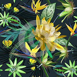 Tropical seamless pattern of cactus flowers and exotic leaves