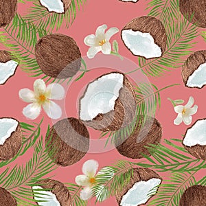 Tropical seamless pattern with coconut, palm leaves. Hand drawn charcoal botanical vintage wallpaper illustration