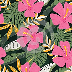 Tropical seamless pattern with colorful leaves  monstera leaves and hibiscus flower. Floral hand drawn seamless pattern perfect