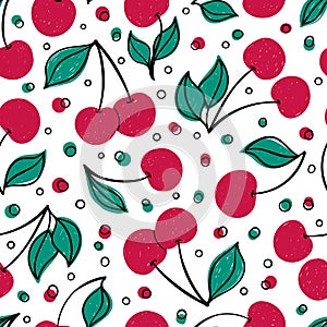 Tropical seamless pattern with doodle red cherry. Hand drawn berries cherry pattern on white background. for fabric, drawing