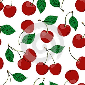 Tropical seamless pattern with doodle red cherry. Hand drawn berries cherry pattern on white background. for fabric, drawing