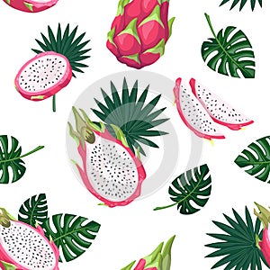 Tropical seamless pattern with dragon fruit or pitahaya and tropical monstera and fan palm leaves. Fruit background in