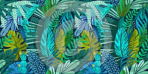 Tropical seamless pattern exotic background, wallpaper, cover with green tropical plants, palm trees, monstera for