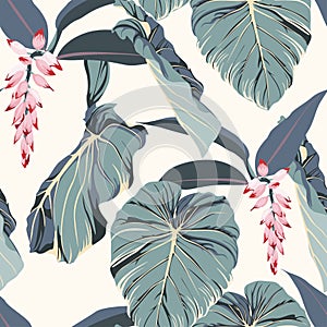 Tropical seamless pattern with exotic blue leaves and pink flowers. Light yellow background.