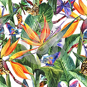 Tropical seamless pattern with exotic flowers