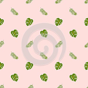 Tropical seamless pattern with exotic green leaves on pink background. Simple summer nature printable paper Vector