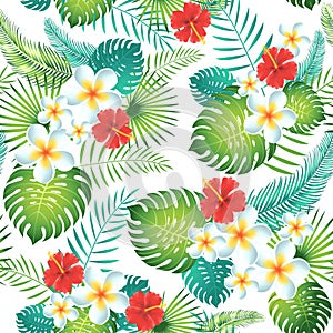 Tropical seamless pattern with exotic leaves and flowers.