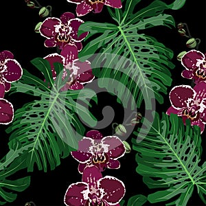 Tropical seamless pattern. Exotic orchid flowers and leaves in vintage colors background.