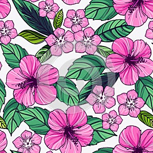 Tropical seamless pattern with exotic plants and hibiscus flowers.