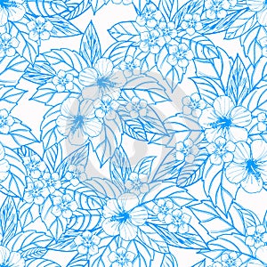 Tropical seamless pattern with exotic plants and hibiscus flowers.