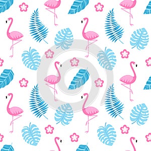 Tropical seamless pattern with flamingo, tropic flowers, monstera and banana leaves.