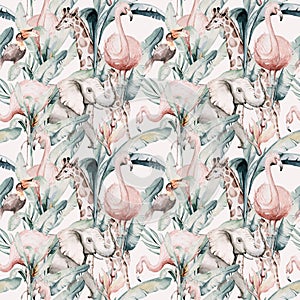 Tropical seamless pattern with flamingo. Watercolor tropic drawing, rose bird and greenery palm tree, tropic green