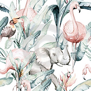 Tropical seamless pattern with flamingo. Watercolor tropic drawing, rose bird and greenery palm tree, tropic green