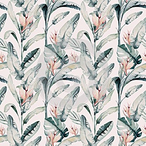 Tropical seamless pattern with flamingo. Watercolor tropic drawing, rose bird and greenery palm tree, tropic green