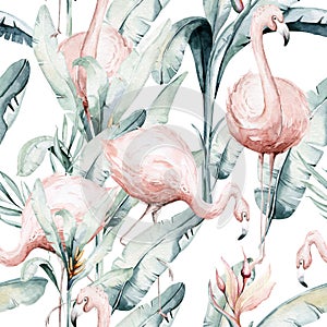 Tropical seamless pattern with flamingo. Watercolor tropic drawing, rose bird and greenery palm tree, tropic green