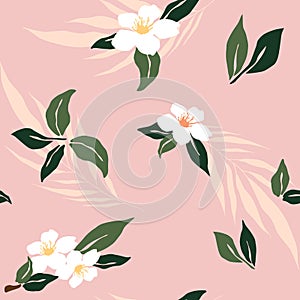 Tropical seamless pattern with flower, palm, leaf, on pink background. Simple trendy floral repeated background. Vector exotic