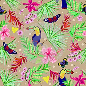 Tropical seamless pattern with flowers, butterflies, birds. Vector jangle foliage for print, fabric, scarf photo