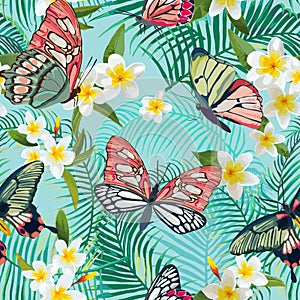 Tropical Seamless Pattern with Flowers and Exotic Butterflies. Palm Leaves Floral Background. Fashion Fabric Design