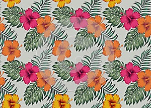 Tropical seamless pattern with flowers hibiscus palm monstera le