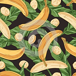 Tropical seamless pattern with fresh banana fruits and green leaves. Endless repeatable fruity design in vintage style