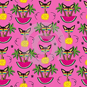 Tropical seamless pattern, with funny cartoon chihuahua dog and watermelon, lemon slice and island