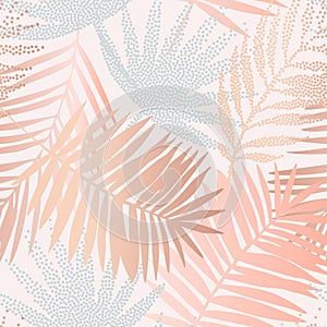 Tropical seamless pattern with gradient dotted palm leaves silhouettes. Jungle stipple vector art