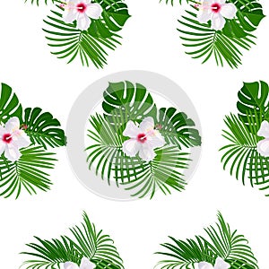 Tropical Seamless Pattern of Hibiscus Flowers and Palm Branches