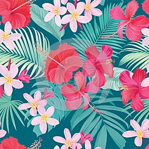 Tropical seamless pattern with hibiscus syriacus and plumeria flower with leaf on blue background.