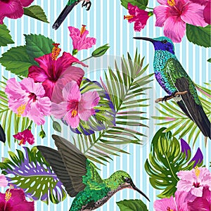 Tropical Seamless Pattern with Hummingbirds, HibisÑus Flowers and Palm Leaves. Floral Background with Birds for Fabric
