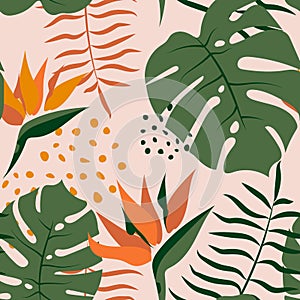 Tropical seamless pattern with jungle plants, monstera, palm leaves, bird of paradise flowers.