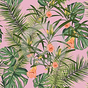 Tropical seamless pattern with leaves and flowers isolated on pink background.