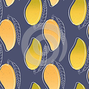 Tropical seamless pattern with mango on blue background.Vector hand drawn design for textile,wrapping paper,brochures,restaurant m