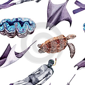 Tropical seamless pattern with manta ray, sea turtle, giant clam and a diver. Hand drawn watercolor illustration isolated on white