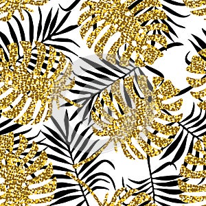 Tropical seamless pattern with monstera leaves and golden glitter texture.