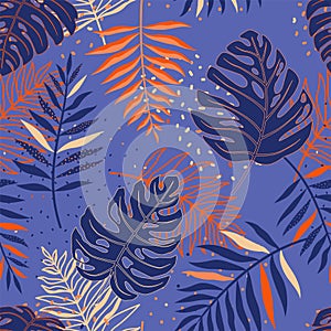 Tropical seamless pattern with monstera and palm leaves