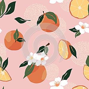 Tropical seamless pattern with oranges, flower, palm, dots on pink background. Simple trendy fruit repeated background. Vector