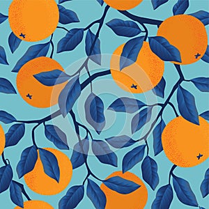 Tropical seamless pattern with oranges. Fruit repeated background. Vector bright print for fabric or wallpaper.