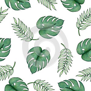 Tropical seamless pattern with palm leaf and monstera leaf, hand drawn tropical illustration for backgrounds, fabric or wrapping