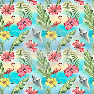 Tropical seamless pattern with palm leaves, pink flamingos, red hibiscus flowers and seashells on a blue background