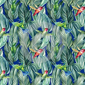 Tropical Seamless pattern of palm leaves, watercolor illustration, hummingbird birds