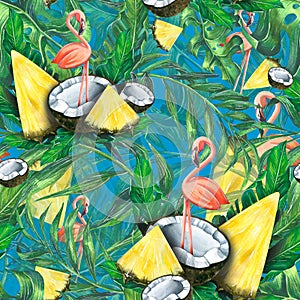 Tropical seamless pattern with pineapple slices, coconut, pink flamingo and leaves of tropical plants, on a blue